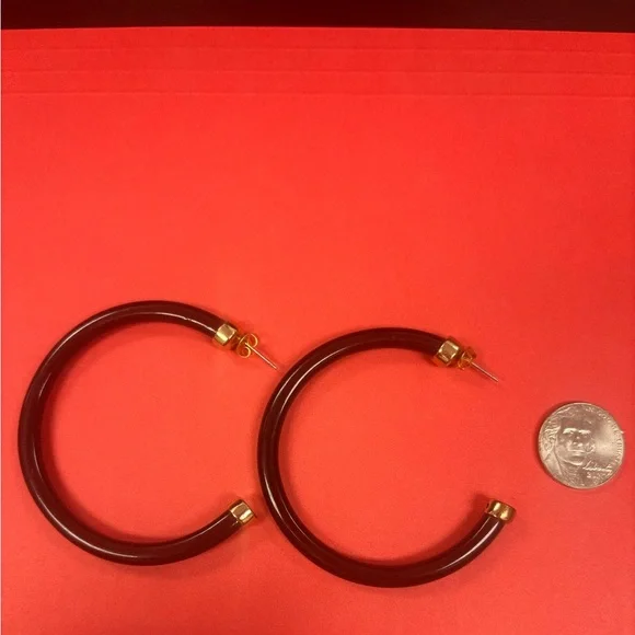 HOO Black acrylic Hoop Earrings with Gold Accents. Hypoallergenic post. - Picture 2 of 3